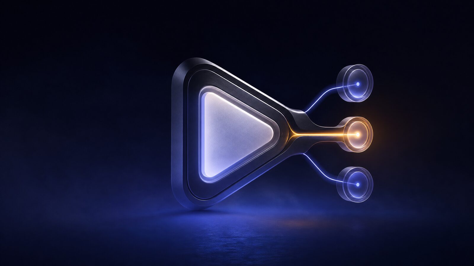 Abstracte weergave van een AI-video keuzehulp die uitmondt in één aanbevolen tool